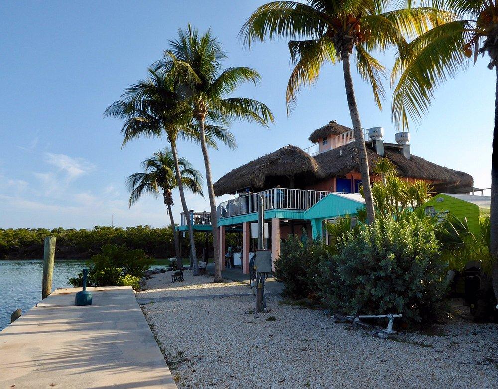 Burdine's Waterfront restaurant and dock framed by palm trees